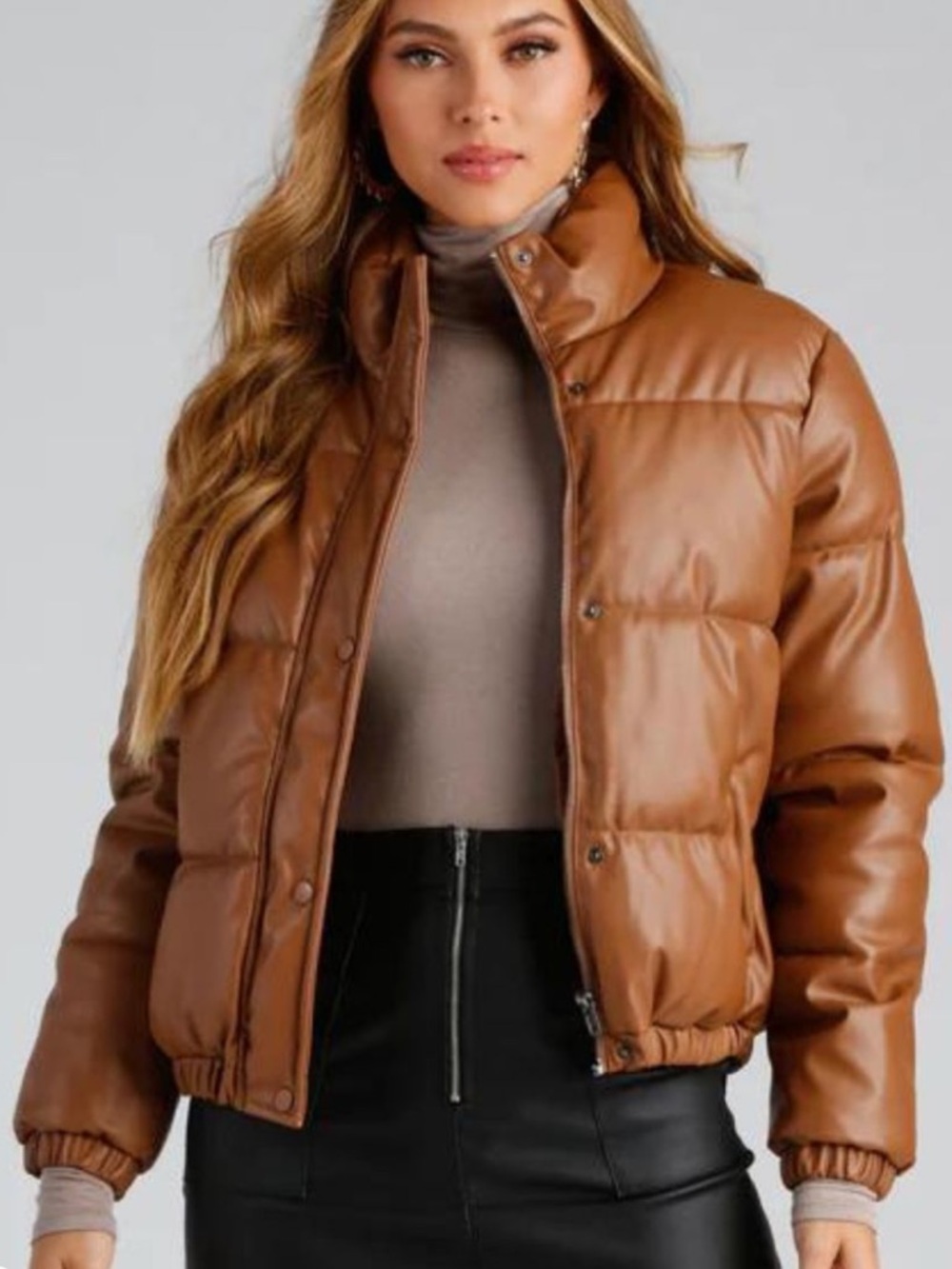 Windsor Small Cognac Vegan Leather Puffer Jacket